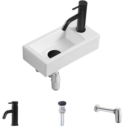 Small Wall Mounted Bathroom Sink, MAISINK 14.5x7.3 Compact Rectangular Ceramic Wall Hung Vanity Sink with Faucet, Mini Lavatory Sink for Tiny Bathroom, RV, Wall Mounted Wash Basin (Right Hand)