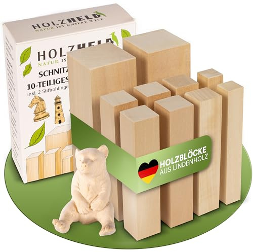 HOLZHELD Legno da intaglio per bambini – Set da 10 pezzi in legno di tiglio da intaglio – Figure da intaglio XXL – Pezzi grezzi da intaglio per principianti, legno da intaglio in tiglio con 2 penne