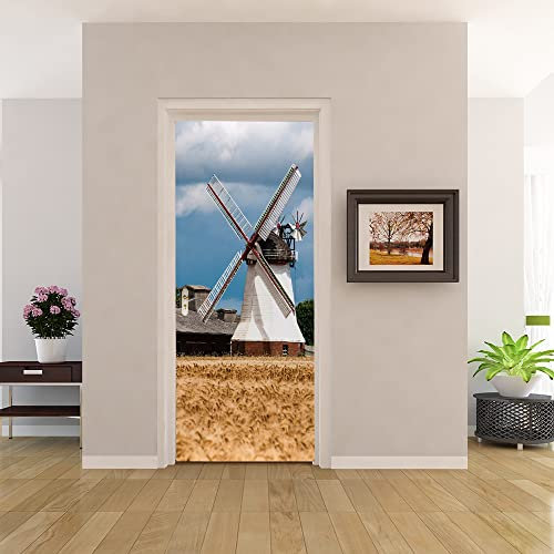 3D Türtapete Türaufkleber Selbstklebend 80x200 Türfolie Poster Fototapete Türbilder Türtattoos Wasserdichte Tür Stickers für Kinderzimmer Wohnzimmer Badezimmer Windmühle