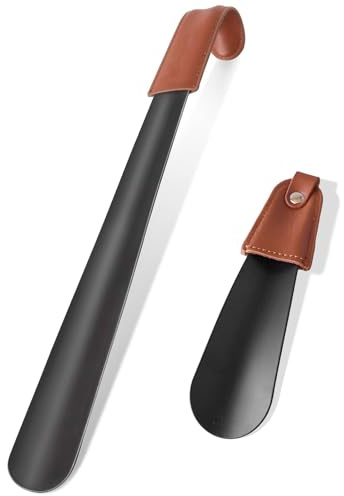 TINA.WIN 2 Pezzi Calzascarpe Lungo In Acciaio Inox 42cm Nero Lungo Calzante Con Manico In Pelle Calza 16.8cm Shoe Horn Con Gancio Calzante Per Scarpe Lungo Per Anziani Uomini Donne Bambini Scarpe