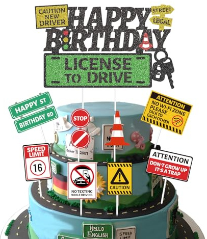 Eiapadeor Drivers License 16th Birthday Cake Decorations, 16th Birthday Decorations for Boys Cake Toppers, Car Road Signs Learner Driver Theme Party Cake Decor Supplies