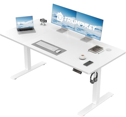 TRIUMPHKEY Elektrischer Stehpult höhenverstellbar 130 x 60 cm, mit Memory-Funktion, Smart-Pannel, Sitz Stehschreibtisch mit Rucksackhaken, Stehtisch, Arbeitstisch für Heimbüro, weiß