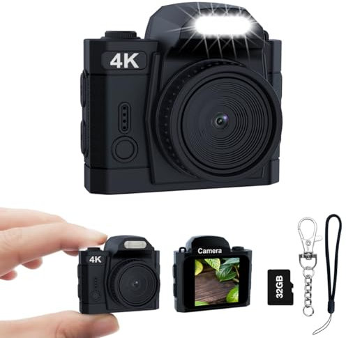4K Mini Digitalkamera, HD 16MP Kamera 1,5-Zoll-IPS-Farbbildschirm，Portabler Videorecorder mit Monoreflex-geformtem CMOS-Sensor, 32GB Speicherkarte