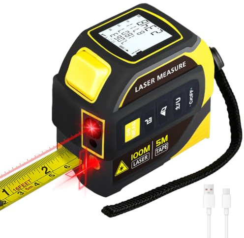 4 in 1 Laser Tape Measure with 100m/328ft Laser Level Crosshairs | USB Charging 5m AutoLock Tape Auto-Leveling Backlit LCD Ft/Inch/M/mm for DIY, Construction Distance, Area, Volume