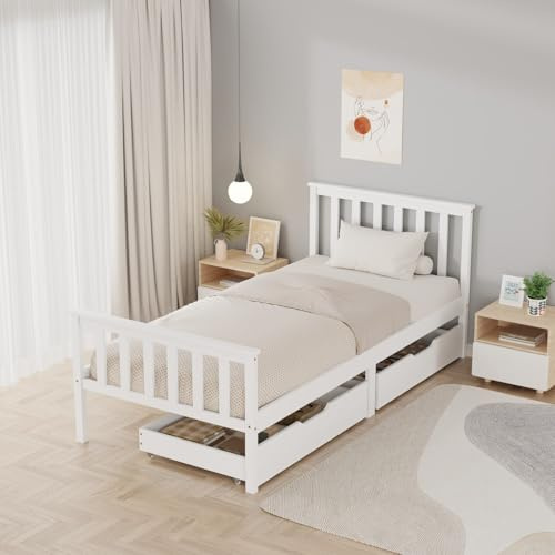 WestWood Wooden Single Bed Frame with Storage Drawers, Sturdy Bed Base for Adults, With Footboard, Wood Bed Frame Without Mattress White