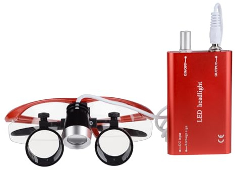 2.5x420mm Zahnarzt Lupenbrille Kopflupe LED Scheinwerfer Dental Loupes mit schwarzem Tuch Tasche (Rot)