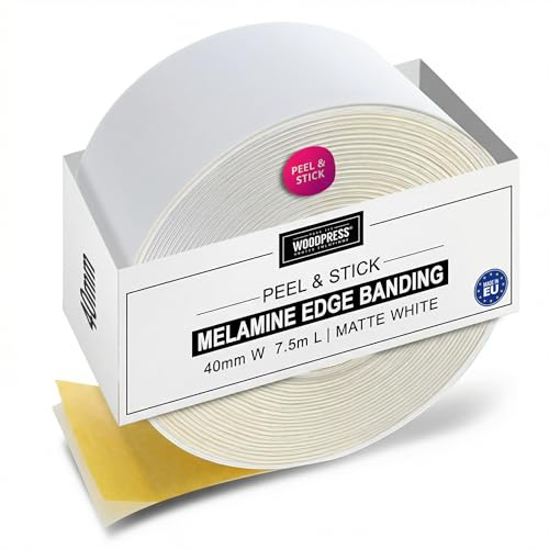WoodPress® 40mm Matt White Peel & Stick Edging Tape - 7.5m Self-Adhesive Melamine Trim - Veneer Strip w/Sticky Backing - Easy DIY Fix (No Iron On) Edge Banding for Repair to Worktop, Shelf, Cabinet