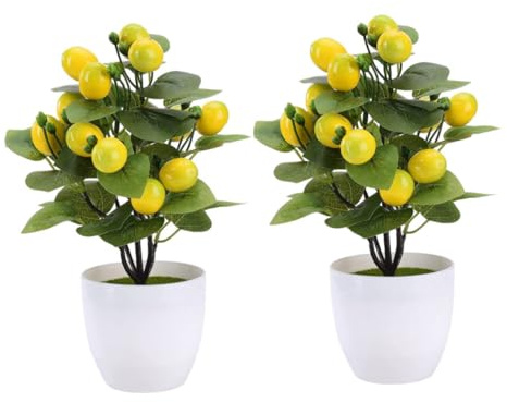 HEALLILY Lot de 2 mini citronniers artificiels en pot - Décoration pour la maison et le bureau - Décoration réaliste avec pot facile d'entretien - Décoration d'intérieur