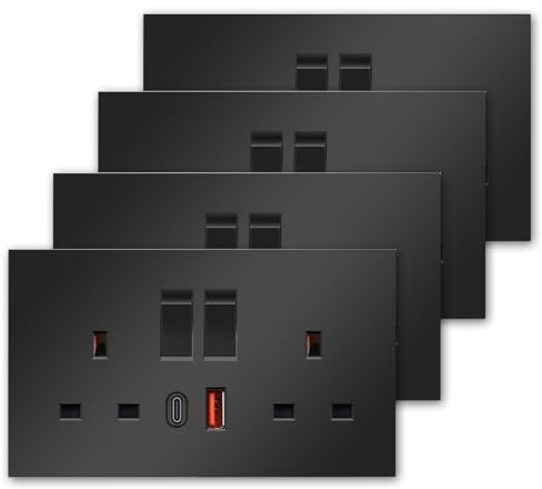CNBINGO 4-Pack Double Switched Socket, USB-AC Fast Charging, Black Matt | Electric Power Socket with 20W USB-A and Type-C, Wall Outlet with PC Panel, 2-Gang, Ideal for Home Office