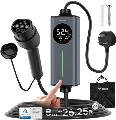 GONEO EV Charger UK 3 Pin Plug to Type 2 | 8M Portable Electric Car Charger Cable 10A 2.3kW | Temperature Monitoring & AC 30mA DC 6mA Leakage Protection | Adjustable Current & Timer for Home Charging