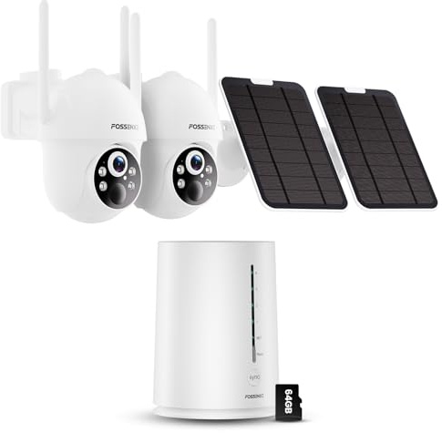 FOSSENXE 2K Camera Surveillance WiFi Exterieure Solaire, Kit 2 Caméras avec Base, Zéro Frais, PTZ 360°, Stockage Local 64G, 4MP Caméra sans Fil avec Détection Mouvement PIR, Vision Nocturne
