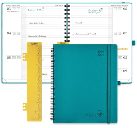 POPRUN Kalender 2026 2027 Spiralbuch Wochenplaner ca.A4(21,2 x 25,9cm) | 17-Monate-Terminplaner,(Aug.2026-Dez.2027),Horizontale mit Softcover,Wochenplaner 1 Woche 2 Seite(Pazifikgrün)