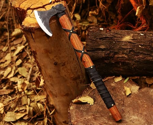 HACHE DE DÉCORATION VIKING LARP, CADEAU POUR LES FANS DE VIKING, Étui de transport, revêtement antiadhésif, lame en acier de haute qualité - manche en bois, longueur : 52 cm, 1 kg Cadeau d'anniversair