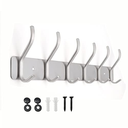 AJLTPA Garderobenleiste aus silbernem Edelstahl, Wandgarderobe mit 6 Doppelhaken, 39 cm Hakenleiste zur Wandmontage, Kleiderhaken und Garderobenhaken für Flur, Bad, Küche und Schlafzimmer