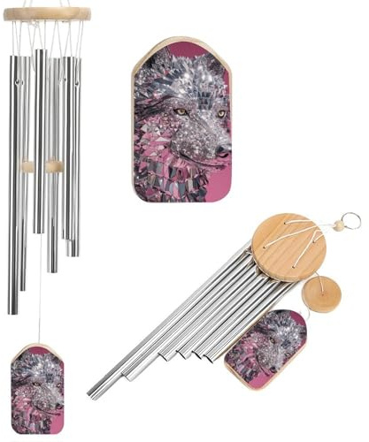 Wolf Head Silver Mirrored Disco-ball Wind Chimes Memorial Deep Tone Windchime with 6 Aluminum Tubes Outdoor Backyard Garden Decoration