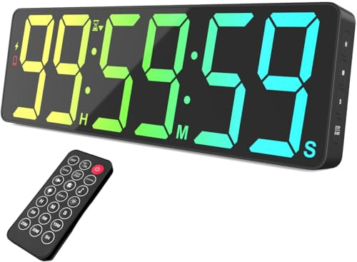 Timer digitale da parete 15.7,conto alla rovescia 99h,RGB con telecomando | Conto progressivo, funzione orologio, ampio display LED, 18 colori RGB, adatto per cucina, ufficio, soggiorno & palestra