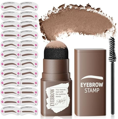 Eyebrow Stamp Stencil Kit - Long-Lasting Eyebrow Powder with Brush, Waterproof & Smudge-Proof Brow Shaping Kit with 24 Reusable Thin & Thick Eyebrow Stencils for Voluminous Brow (Medium Brown)