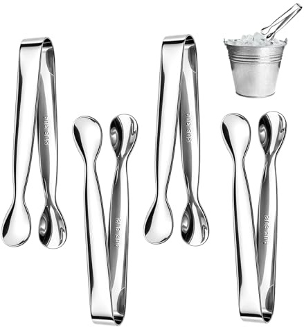 Pinzas Hielo de Acero Inoxidable, 4PCS Mini Pinzas de Azúcar, 11 cm | Multifuncionales Pinza para Azúcar, para Helado, Ensalada, Postres, Caramelos (Plateado)