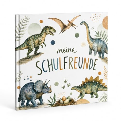 Tikva Verlag Freundebuch für die Schule mit Dino-Motiven | Erinnerungsbuch zum Ausfüllen mit Platz für 30 Freunde & 5 Wegbegleiter (z. B. Lehrer) | Beliebtes Geschenk für Mädchen im Grundschulalter