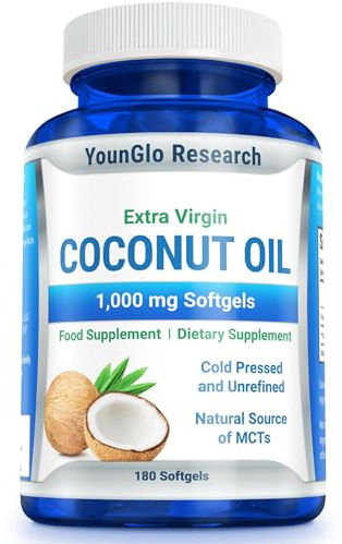 YounGlo Research Coconut Oil 1000 mg 100% Cold-Pressed Organic Extra Virgin Coconut Oil 180 Vegan Softgel Capsules Keto-Friendly Dietary Supplement Support for Hair, Nails & Skin Health
