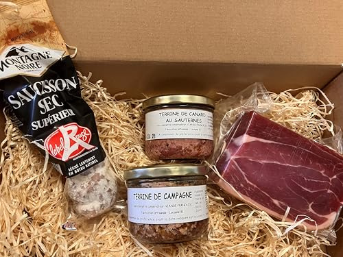 Charcuterie française, Colis le Montagnard, jambon et saucisson label rouge, terrines de campagne et de canard