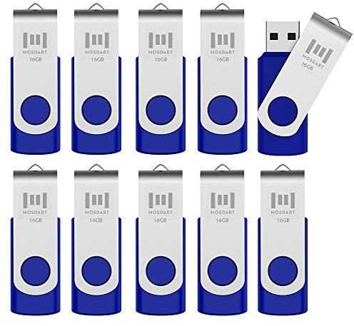 MOSDART USB2.0 16GB Flash Drive, Swivel Design with LED Indicator, Keychain Loop, FAT32 Memory Stick for Data Storage, Blue(Pack of 10)