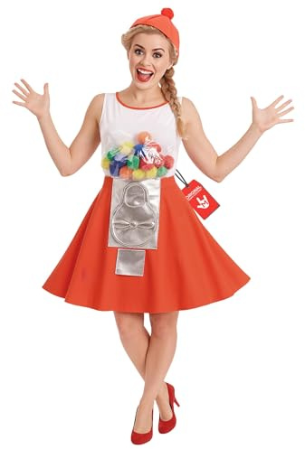 Fun Shack Tuggummimaskin Maskeraddräkt Damer, Röd Klänning med Hatt, Maskerad Halloween Karneval Temafest