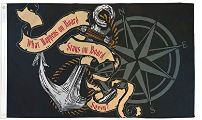 AZ FLAG Drapeau Pirate Ce qui se passe à bord reste à bord 150x90 cm | Usage intérieur et extérieur Drapeau décoratif corsaire coutures doubles et bords renforcés avec œillets métalliques