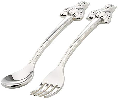 Essbesteck Set versilbert 2-teilig mit Löffel & Gabel - Besteck mit Teddybär-Motiv - Silberbesteck im Etui als Geschenk zur Taufe, Geburtstag & Kita-Start