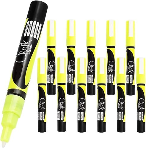 12 x Uni-Ball Wet Erase Liquid Chalk Marker Pens For Glass (Windows & Mirrors), Whiteboards, Signs And Non-Porous Blackboards (0.9-1.3mm Bullet Tip) - FLUORESCENT YELLOW