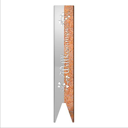 teileplus24 GS01 Rost Willkommen Gartenstecker Gartenschild | Garten Deko | 3D Abkantung | 120cm x 21cm, Design:BlumenRanken
