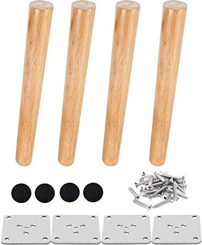 Drenky Tischbeine Holz, 4 Stück 25 cm Rund Möbelfüße Holz Schräg Schrankfüsse aus Massivholz Mit Montageplattes, Schraubens Und Leise Gummipads Für Bett Und Tisc