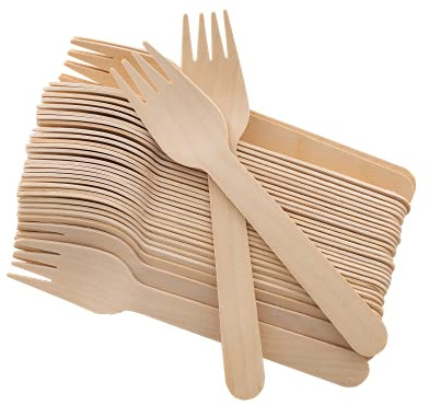 Tenedores desechables de madera, paquete de 100, 16,5 cm de longitud, biodegradables, utensilios de madera natural, ideal para fiestas, camping, bodas y eventos de cena (tenedores)