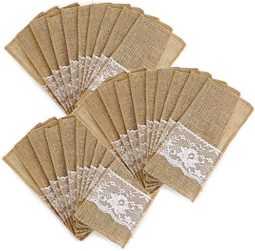 MISSFOX Jute Bestecktaschen, 30 Stück Vintage Sackleinen Besteckbeutel mit Spitze, Besteck Tasche Hochzeit Rustikale Besteckhalter, Tischdeko für Party Hochzeit Zuhause