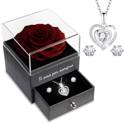 Sunia Rosa Stabilizzata Regalo Donna, Rosa Eterna con Collana Argento 925 Donna con cuore e Orecchini,Ti Amo per Sempre,Regalo Mamma Nonna Fidanzata Compleanno Natale San Valentino Anniversario