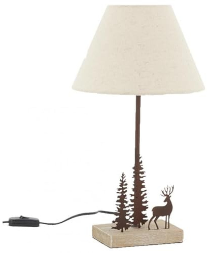 AUBRY GASPARD - Lampe à Poser en Métal et Bois - Décor Cerf et Sapins Amovible - Ø 25 cm, Hauteur 45 cm - Compatible Ampoule E27 - Finition Vieillie - Style Rustique pour Intérieur Chaleureux