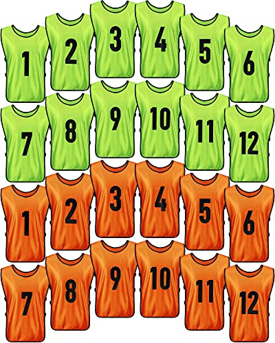 Yahenda 24 Pcs Soccer Pinnies Numbered Vests Adult, Large, Green, Orange