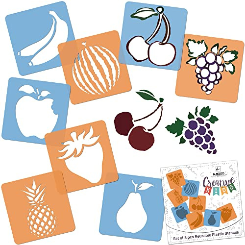 NAKLEO Stencil di Pittura per Bambini, 8 Pezzi 15x15cm Frutti, Modelli Plastica e Riutilizzabili di Disegno Creativo, Sagome DIY Decorazione Arte e Artigianato, Carta Muro Legno Tessut