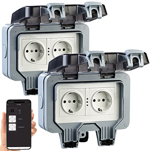 Luminea Home Control WiFi Steckdose Outdoor: 2er-Set Outdoor-WLAN-Doppelsteckdosen, Sprachbefehl, Strommessung, App (WLAN Steckdose, mit Zeitschaltuhr, Dose)