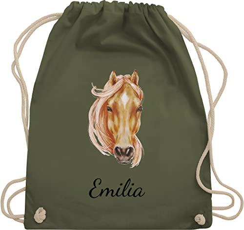 Turnbeutel Rucksack - Pferd Pferde - Wunschname Pferdekopf - hellbraun - Unisize - Olivgrün - turnsack mädchen pferderucksäcke pferden beutel pferderucksack pferdemotiv stoffbeutel