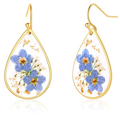 Vergissmeinnicht und Queen Anne's Lace Gepresste Wildblume Ohrgehänge | Gepresste Blume Träne Ohrringe Trockenblumen | Drop Dangle Ohrringe für Damen | Handgemachte Ohrringe | Geschenk für Frau
