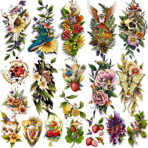 klassische temporäre Tattoos, 3D Transfers für Erwachsene | Vintage, bunt, künstliche temporäre Tattoos, realistisch, Mittelarm, Blume, für Männer und Frauen