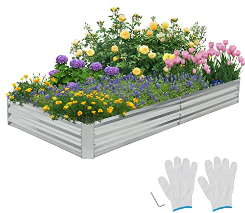 TANGZON Metal Garden Raised Bed, Elevated Trough Planter Box with Open Bottom, Outdoor Herb Vegetable Flower Pot Grow Box Kit (Silver, Rectangular,240 x 120 x 30cm)