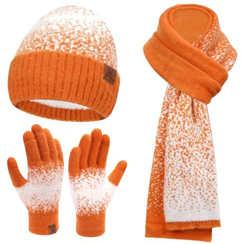 Mujer Invierno Tricotar Gorro Sombreros y Guantes Tactiles Bufanda Larga Conjunto con Calido Forro Polar Gorras de Calavera Guantes Bufandas