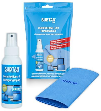 SUBTAN Blue Pocket - Desinfektion und Reinigung für Smartphone, Tablet und Touchscreen - 100 ml Desinfektionsspray 100% natürlich - ohne Alkohol - Displaytuch 30 x 38 cm - Made in Germany