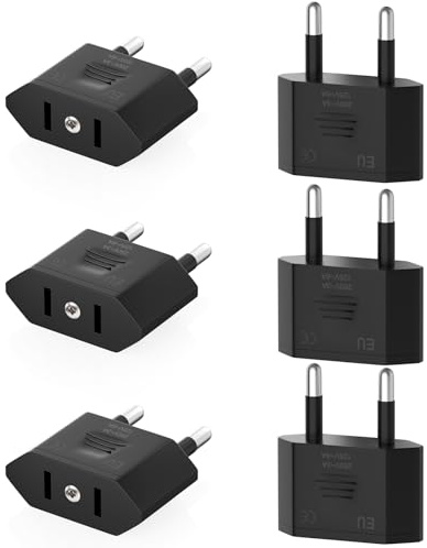 Clomnpe 6 Piezas Adaptador Enchufe Americano a Europeo, Adaptador Enchufe USA a España, Compacto, Fácil de Transportar y Usar, Adecuado para Viajes de EE.UU./Canadá/Japón/Asia a España/Europa-Negra