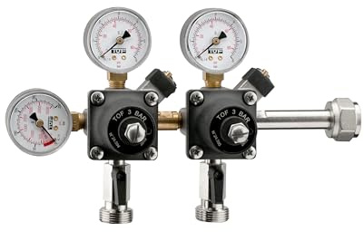 CO2-Premium-Druckminderer von TOF mit zwei einstellbaren Druckstufen (3 Bar) und Füllstandsanzeigen Ausgang je 3/4 Flaschenanschluss W21,8x1/14