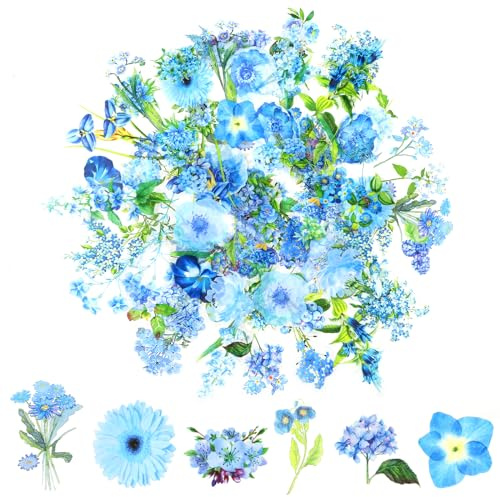 100 Blumen Scrapbooking Aufkleber,PET Transparente Pflanzen Aufkleber,Vintage Bunte Blumenaufkleber,Flower Stickers für Scrapbook Fotoalbum Tagebücher Laptops Karten (Blau)