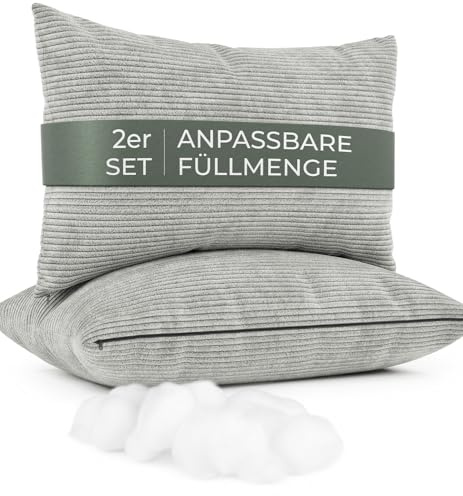Sofakissen mit Füllung und Bezug 2er Set [extra bauschig] Cord Couchkissen groß 40x60 cm mit regulierbarer Dicke, Zierkissen Kord Bezug, Dekokissen für Sofa und Couch, hellgrau, Kordsamt Kissenbezug