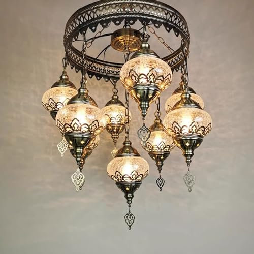 BOTOWI Türkische marokkanische Mosaik-Kronleuchter-Lichter, Deckenhängelampe Pendelleuchte Leuchte handgemachter EIS-Crackle-Design-Glasschirm für Bar-Wohnzimmerküche 9 Kugeln fest verdrahtet,Round